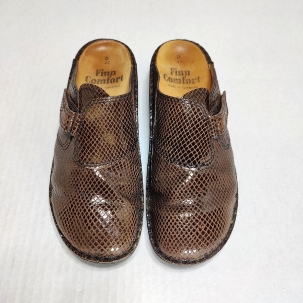 FINN COMFORT Venice Slip On Clog Brown Snake Print Leather German Shoe 11-11.5